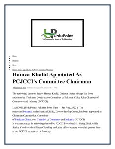 16 August 2022 - Mr. Hamza Khalid appointed as Chairman Construction Committee PCJCCI 0