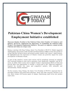 PCJCCI suggested Pak-China Women’s Development Employment Initiative
